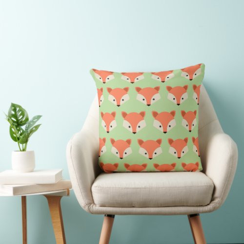 Cute Fox Pattern on Green Throw Pillow