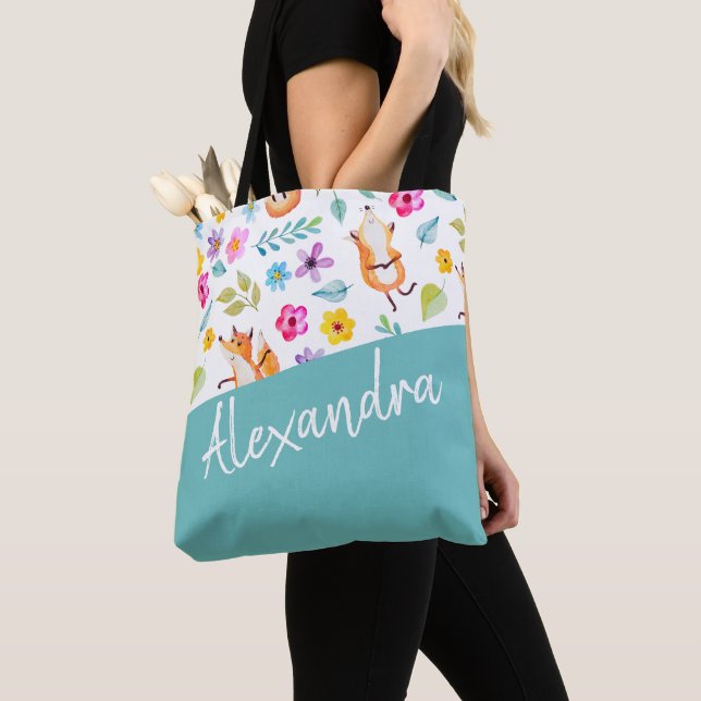 Cute Fox Pattern Teal Personalized Tote Bag (Close Up)