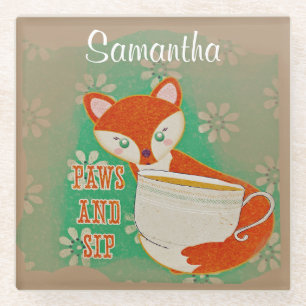 Cute Fox Paws and Sip Quote Personalised Glass Coaster
