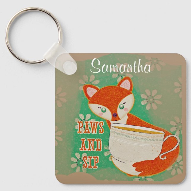 Cute Fox Paws and Sip Quote Personalised Keychain (Front)