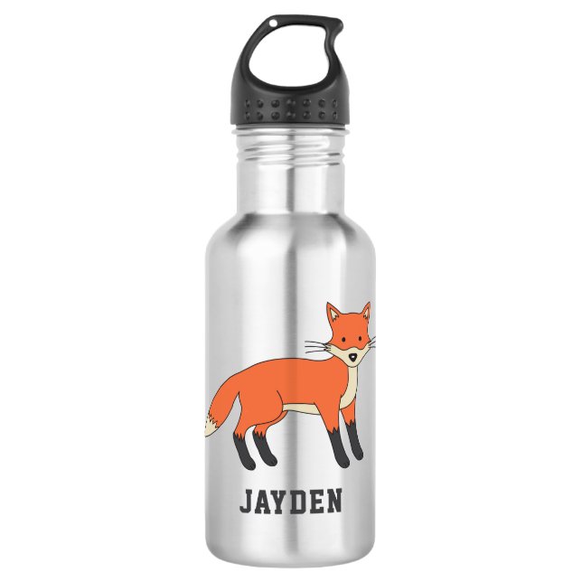 Cute Fox Personalized Custom Name Back To School Stainless Steel Water Bottle (Front)