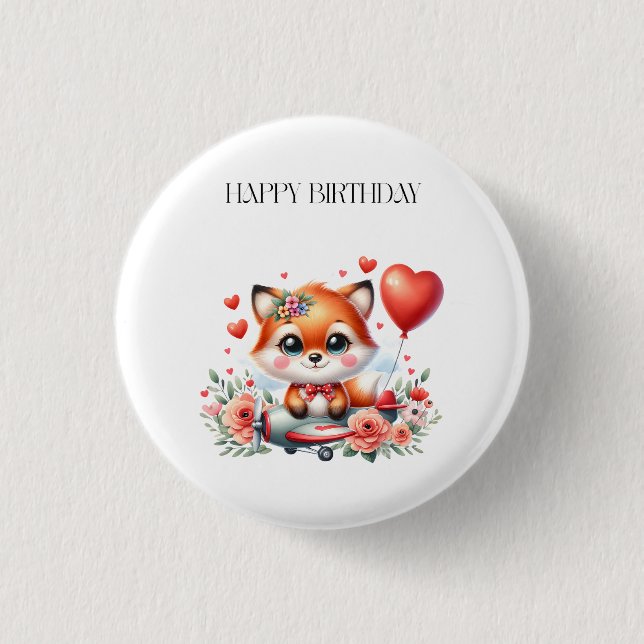 Cute Fox Pilot Birthday Button (Front)