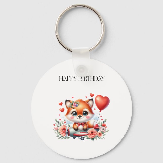 Cute Fox Pilot Birthday Keychain (Front)
