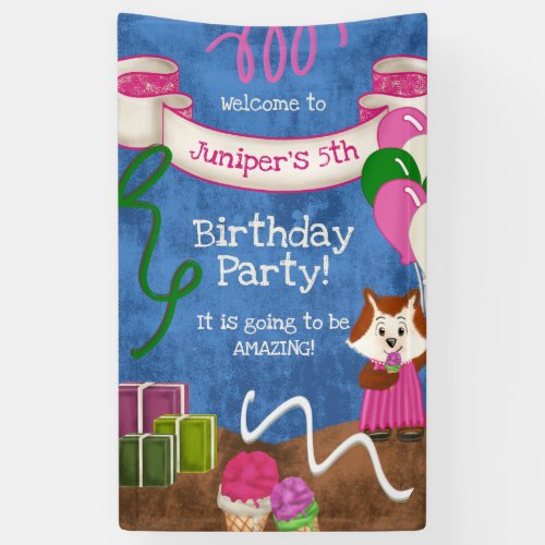 Cute Fox Pink Dress Balloons Birthday Welcome Banner