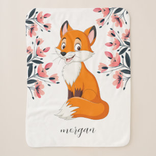 Cute Fox Pink Flowers Child's Name or Your Message Sherpa Blanket
