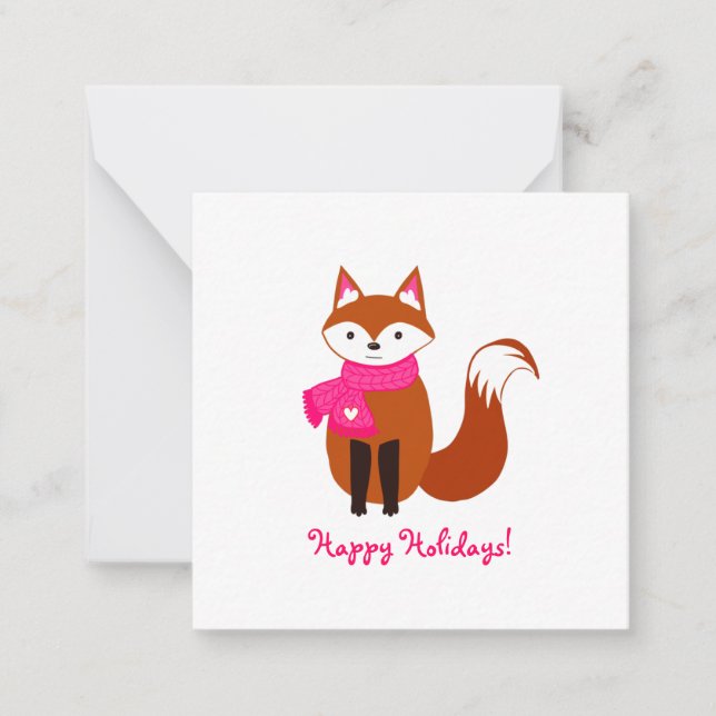 Cute Fox Pink Scarf Heart Mini Christmas Note Card (Front)