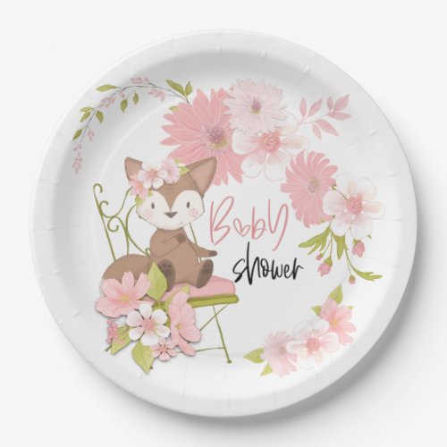 Cute Fox Pink White Florals Girl Baby Shower Paper Plates