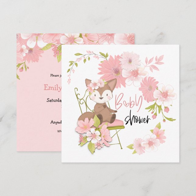 Cute Fox Pink White Flowers Girl Baby Shower Invitation (Front/Back)