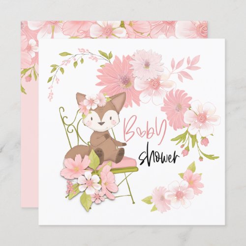 Cute Fox Pink White Flowers Girl Baby Shower Invitation