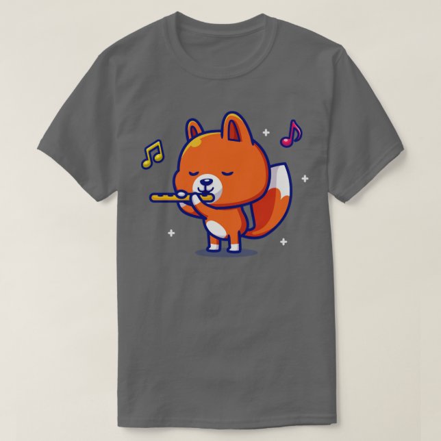 Cute Fox Playing Flute Music T-Shirt (Design Front)