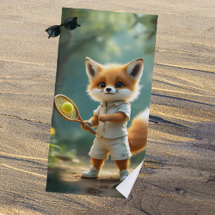 Cute fox playing tennis in an enchanted forest beach towel