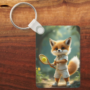 Cute fox playing tennis in an enchanted forest, keychain