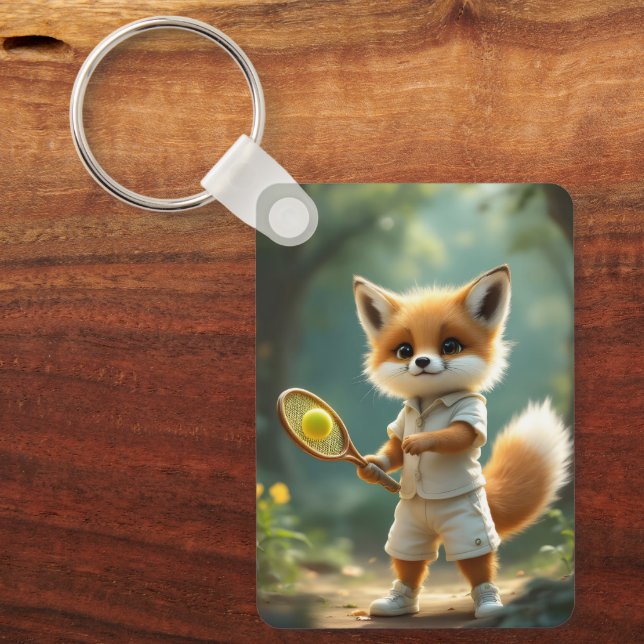 Cute fox playing tennis in an enchanted forest, keychain (Front)
