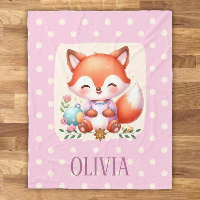Cute Fox Polka Dot Elegant Personalized Fleece Blanket (Creator Uploaded)