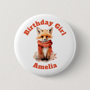 Cute Fox Pup in a Red Scarf Birthday Girl Button