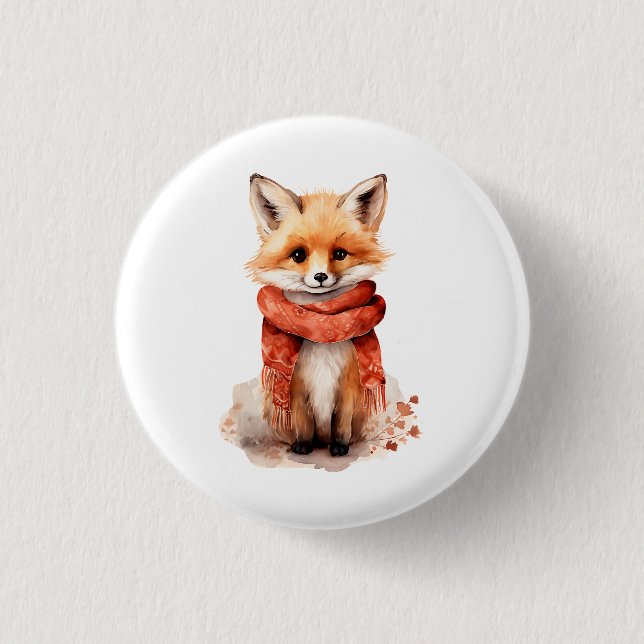Cute Fox Pup in a Red Scarf Button (Front)