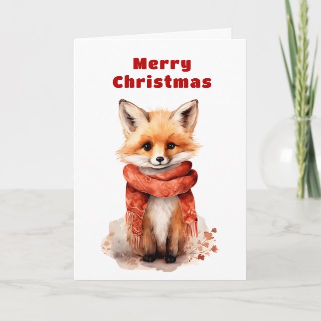 Cute Fox Pup in a Red Scarf Christmas Holiday Card (Front)