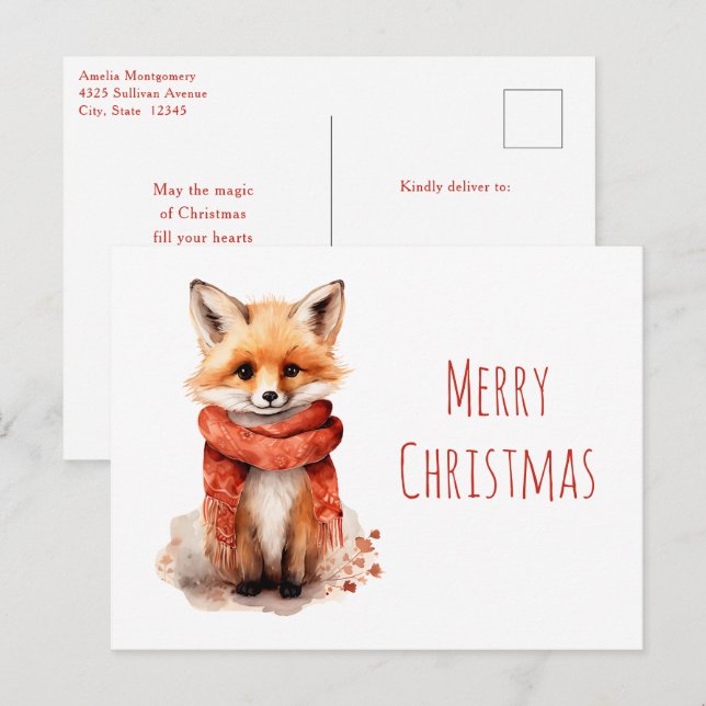 Cute Fox Pup in a Red Scarf Christmas Holiday Postcard (Front/Back)