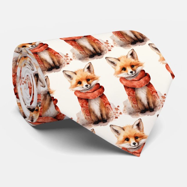 Cute Fox Pup in a Red Scarf Pattern Neck Tie (Rolled)