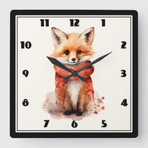 Cute Fox Pup in a Red Scarf Square Wall Clock