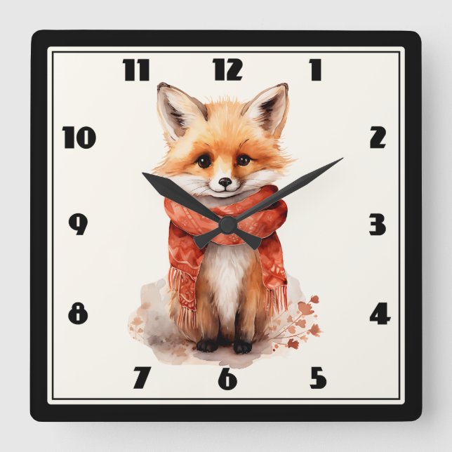Cute Fox Pup in a Red Scarf Square Wall Clock (Front)