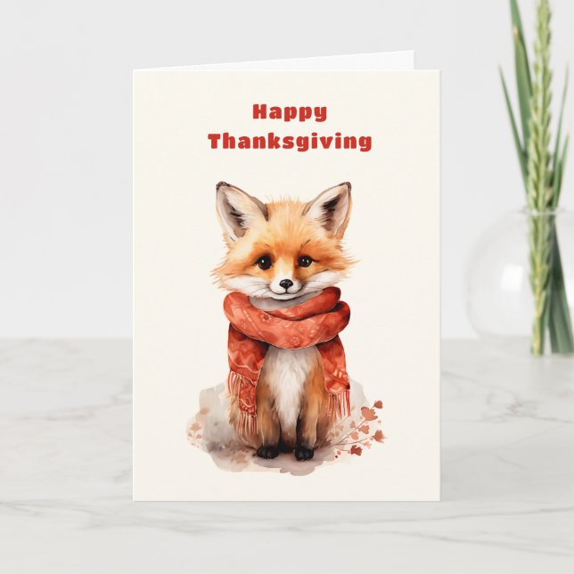Cute Fox Pup in a Red Scarf Thanksgiving Holiday Card (Front)