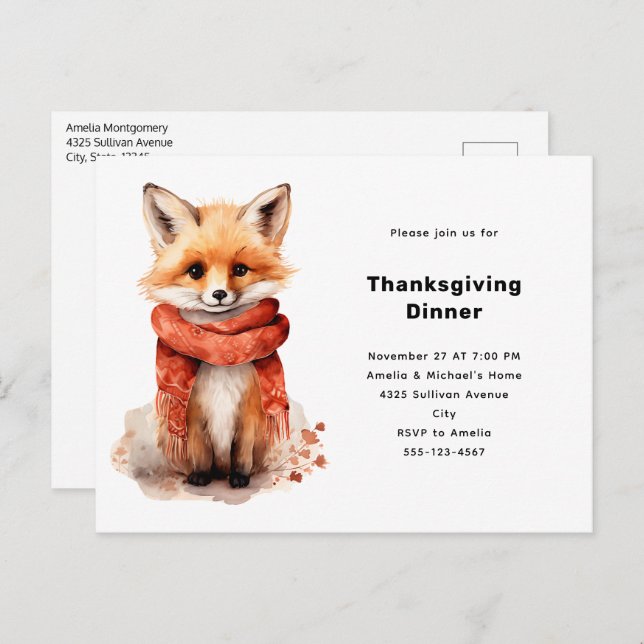 Cute Fox Pup in a Red Scarf Thanksgiving Invitation Postcard (Front/Back)