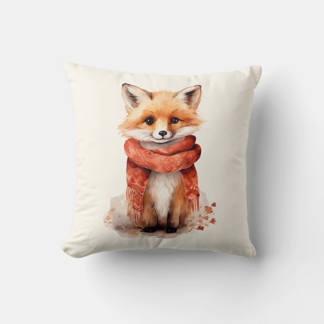 Cute Fox Pup in a Red Scarf Throw Pillow (Front)
