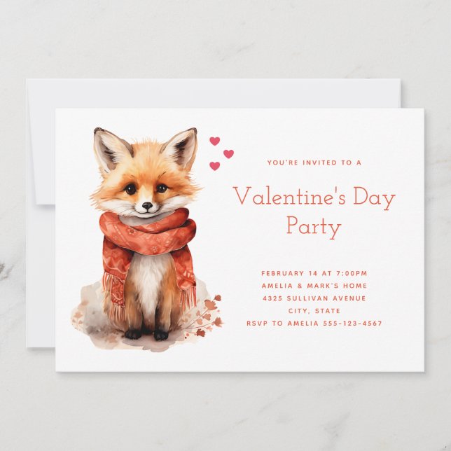 Cute Fox Pup in a Red Scarf Valentine's Day Invitation (Front)