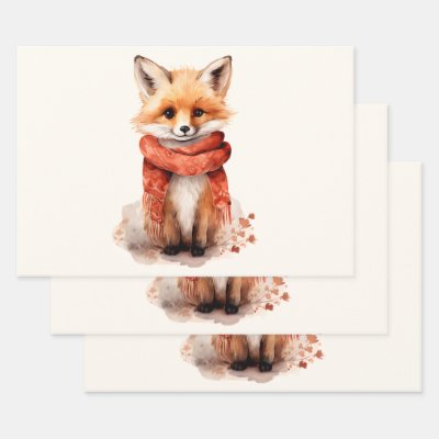 Cute Fox Pup in a Red Scarf Wrapping Paper Sheets