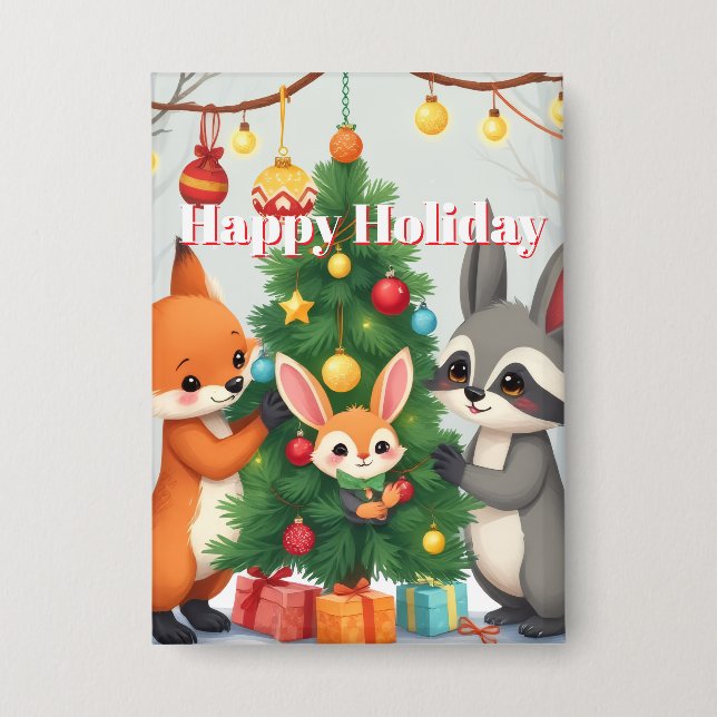  Cute Fox, Raccoon, & Bunny Christmas Keepsake Button (Front)