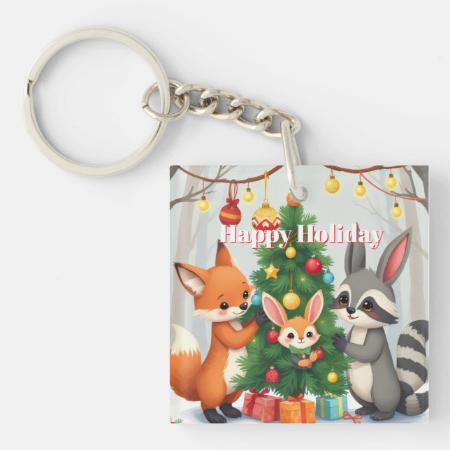  Cute Fox, Raccoon, & Bunny Christmas Keepsake Keychain (Front)