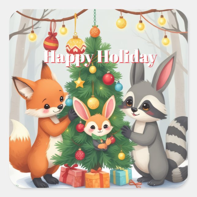  Cute Fox, Raccoon, & Bunny Christmas Keepsake Square Sticker (Front)
