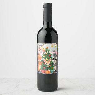 Cute Fox, Raccoon, & Bunny Christmas Keepsake Wine Label