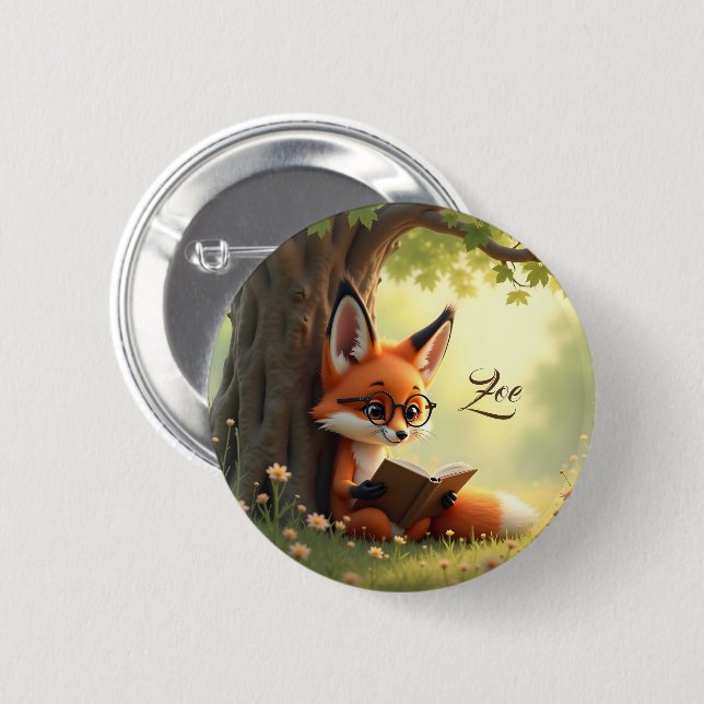 Cute fox reading a book, custom   button (Front & Back)