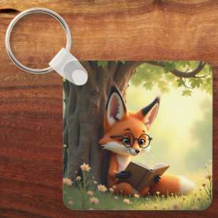 Cute fox reading a book, custom keychain