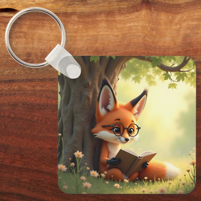 Cute fox reading a book, custom  keychain (Front)