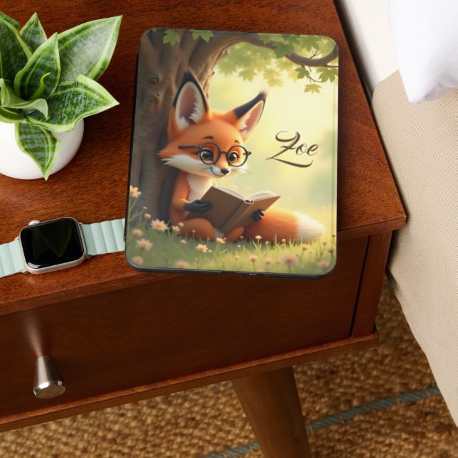 Cute fox reading a book, custom    kindle cover (In Use (Bedside))