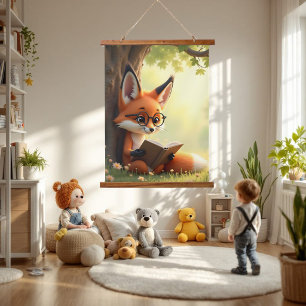 Cute fox reading a book, kids room  hanging tapestry
