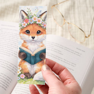 Cute Fox Reading a Book Watercolor Woodland Bookmarks