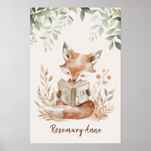 Cute Fox Reading Books Nursery Woodland Animal  Poster