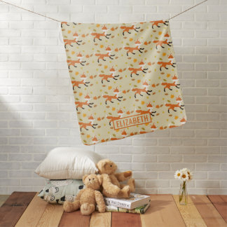 Cute Fox Running And Fall Leaves Pattern &amp; Name Baby Blanket