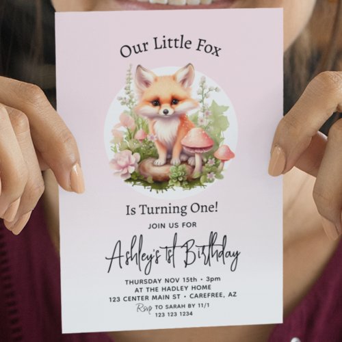 Cute Fox Script Girl 1st Birthday Invitation