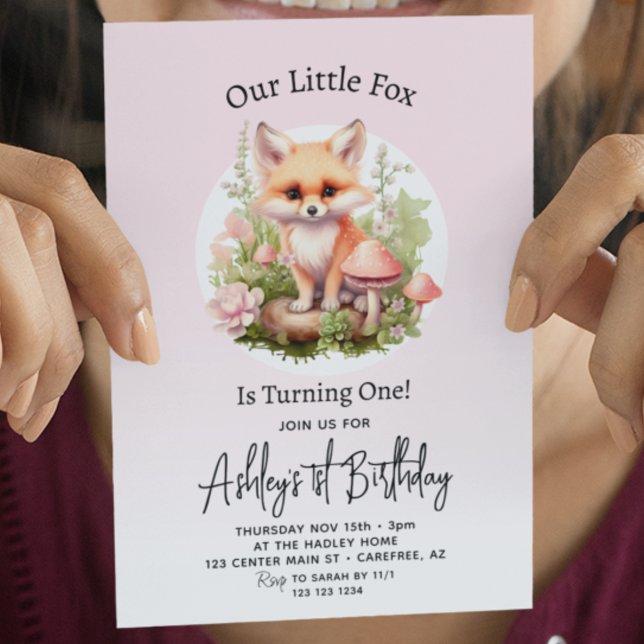 Cute Fox Script Girl 1st Birthday Invitation (Creator Uploaded)