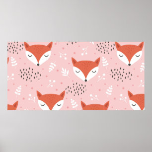 Cute fox seamless pattern, wolf hand drawn forest  poster