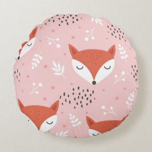 Cute fox seamless pattern, wolf hand drawn forest round pillow