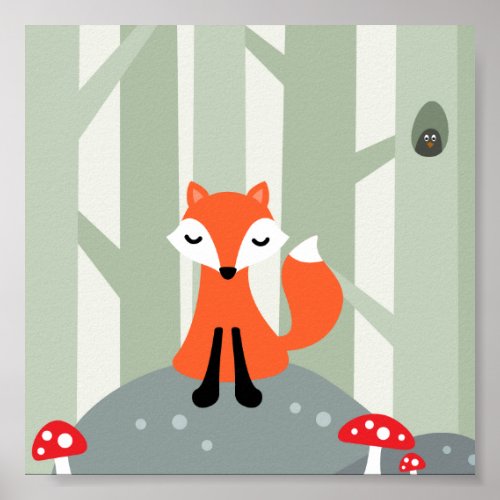 Cute fox sitting on a rock in the forest poster