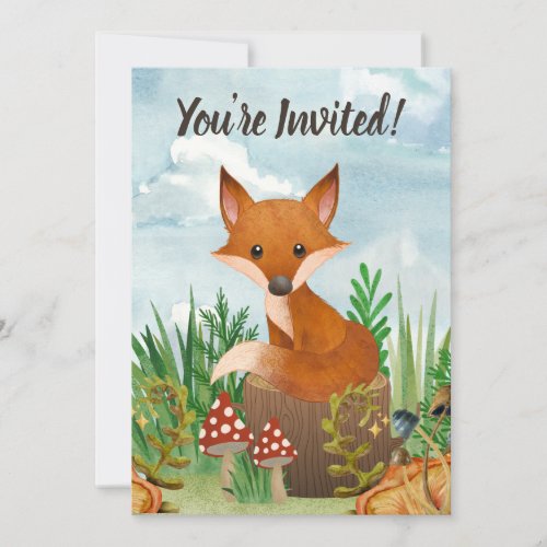 Cute Fox Sitting on a Tree Stump Woodland Birthday Invitation