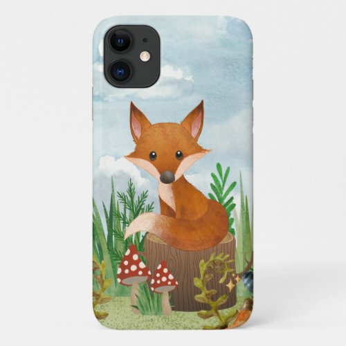 Cute Fox Sitting on a Tree Stump Woodland iPhone 11 Case