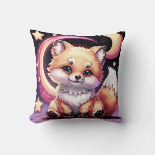 Cute Fox Sitting with Crescent Moon Light Throw Pillow